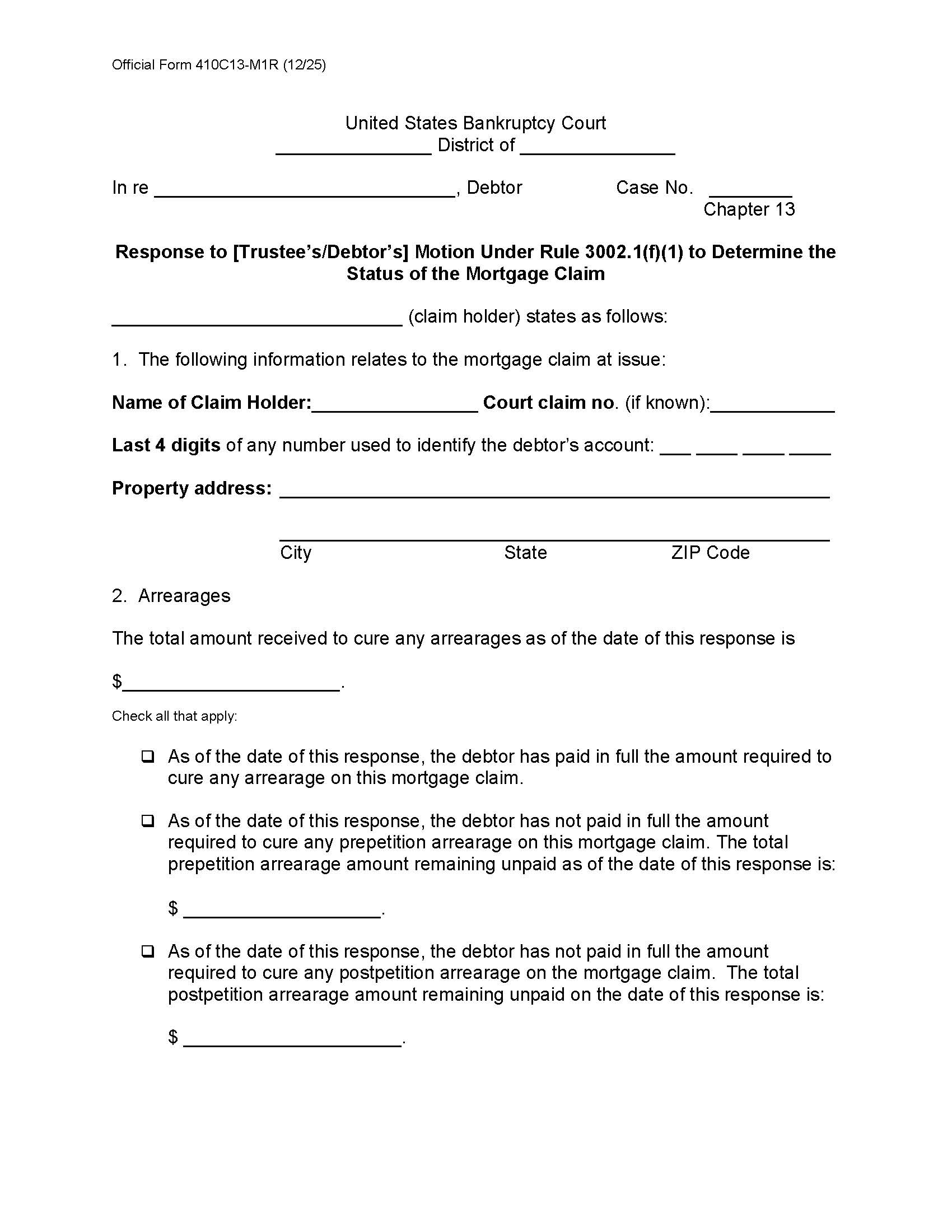 Response To [Trustees-Debtors] Motion Under Rule 3002.1(f)(1) To Determine The Status {B410C13-M1R} | Pdf Fpdf Docx | Official Federal Forms